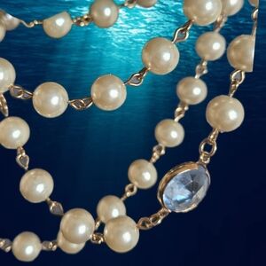 Elegant 56" Faux Pearl & Crystal Gold-Chain Necklace.